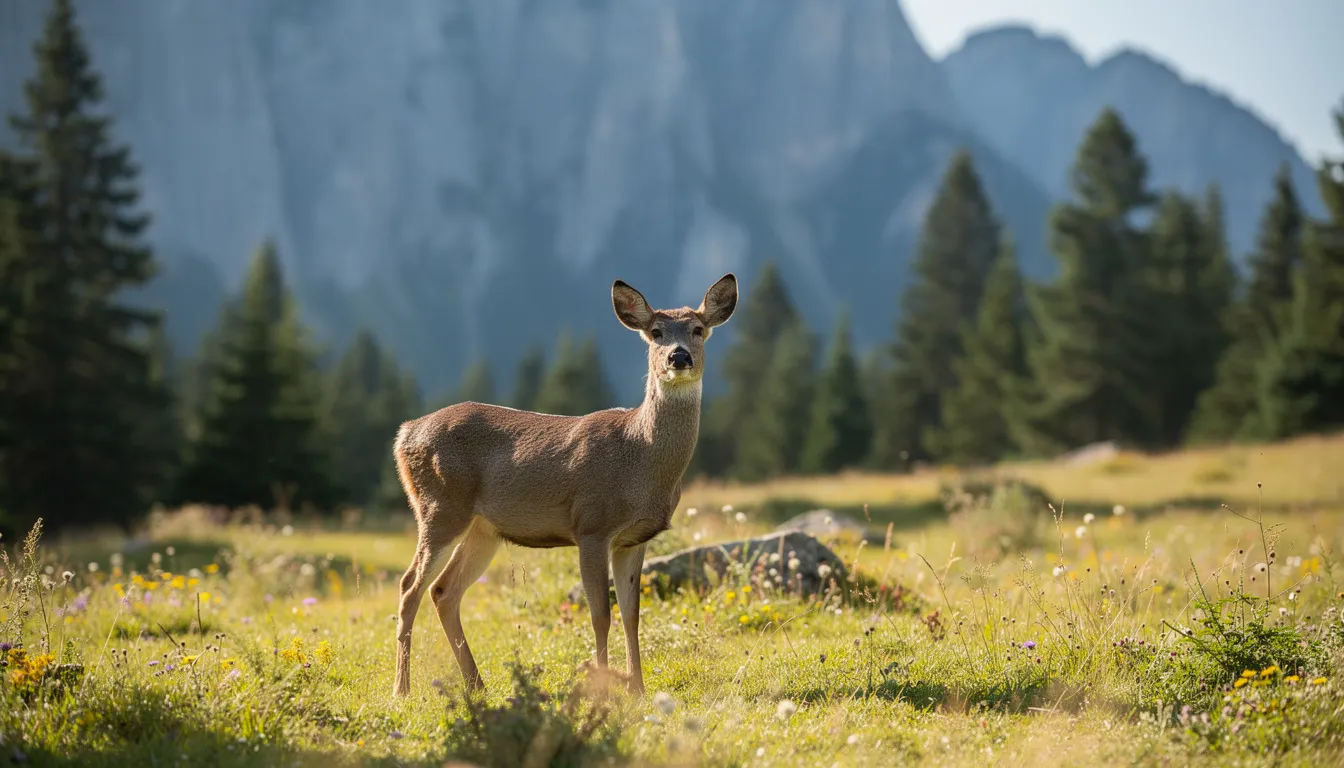A deer stands alert in a serene mountain meadow, surrounded by tall pine trees in the background. This tranquil scene captures the essence of outdoor adventure, perfect for solo hikers seeking a peaceful connection with nature.