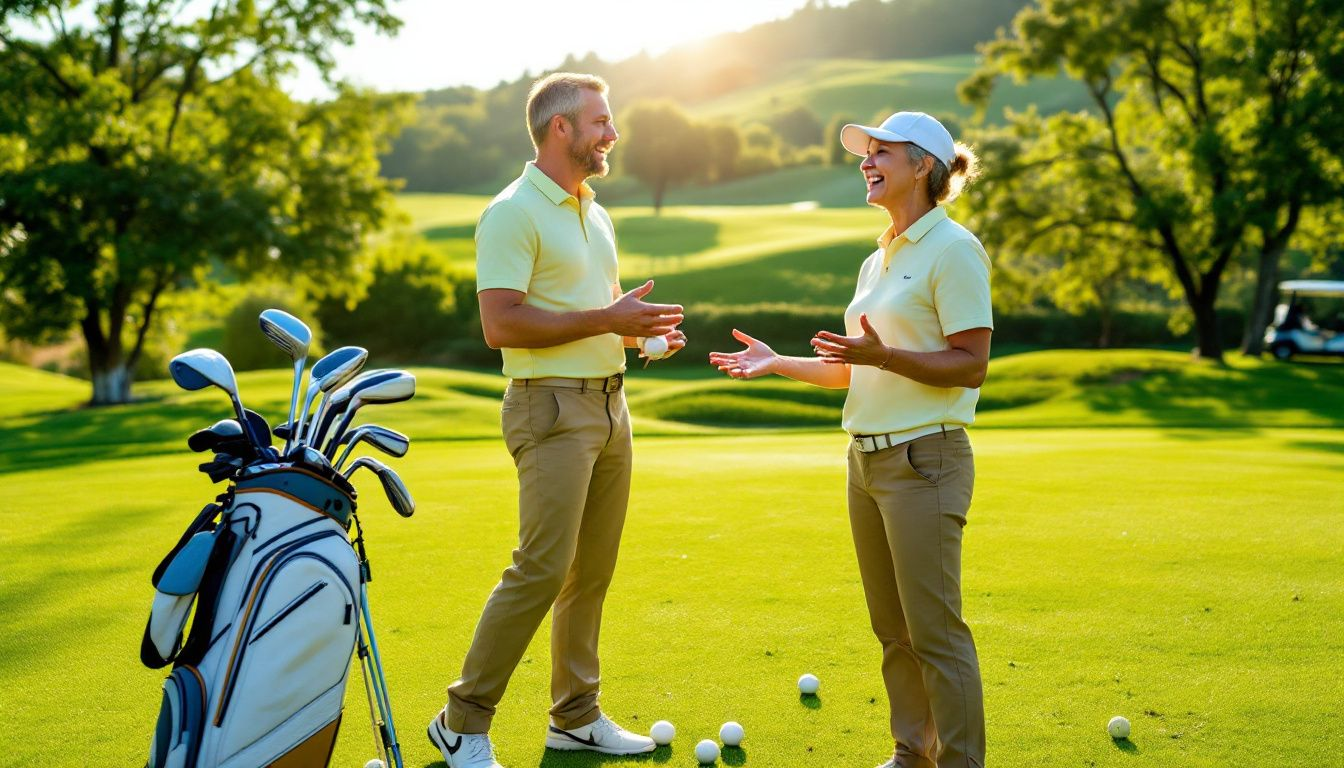 Essential golf equipment for beginner golfers displayed on a grass surface.