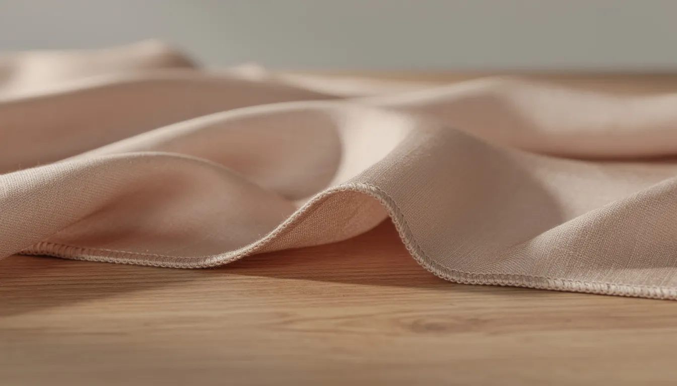 A close-up view showcases soft, flowing modal fabric draped gracefully over a wooden surface, highlighting its silky texture and natural drape. This semi-synthetic fabric, made from beech tree cellulose, is known for its breathability and moisture-wicking properties, making it a popular choice for comfortable modal garments and bed linens.