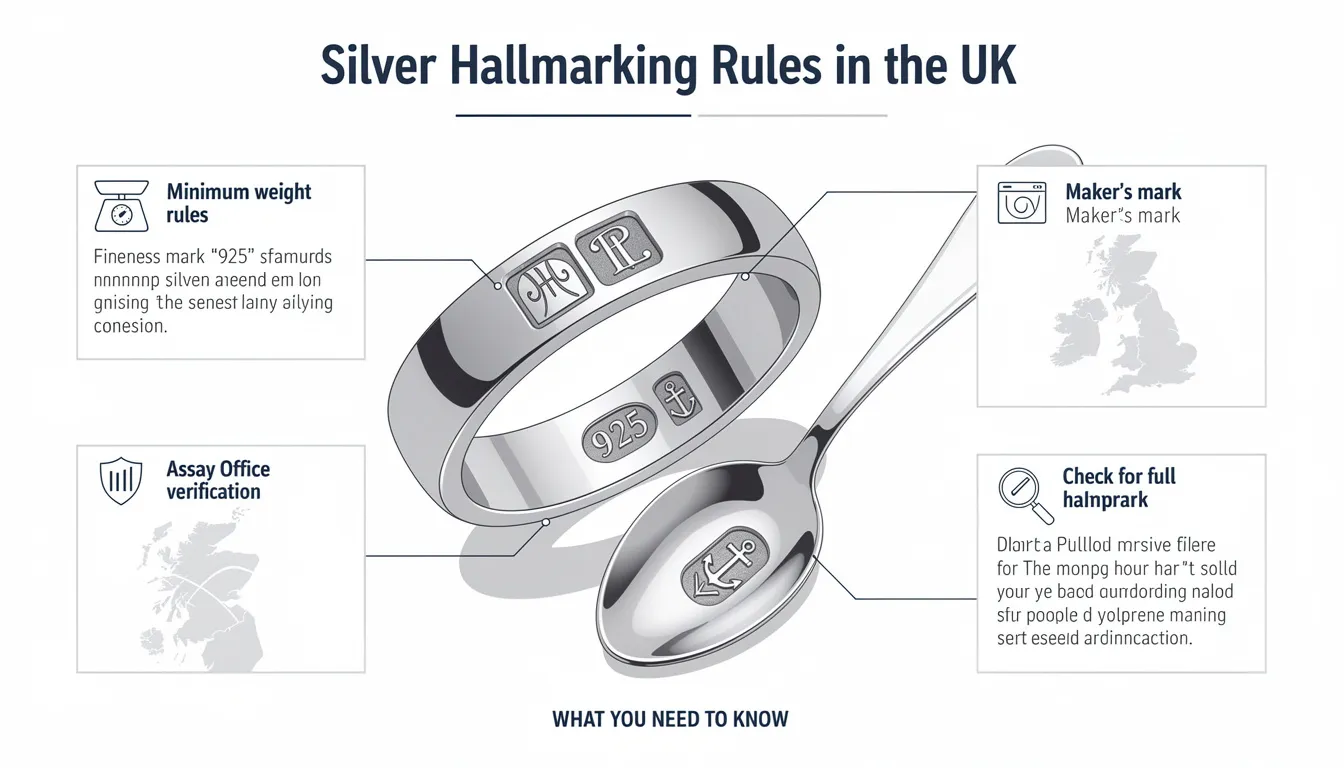 The image depicts a detailed guide on Silver Hallmarking Rules in the UK, featuring various pieces of sterling silver jewellery such as rings, necklaces, and bracelets, all neatly arranged in a jewellery box. The layout includes information on the importance of hallmarks and how they signify the quality and authenticity of silver items.