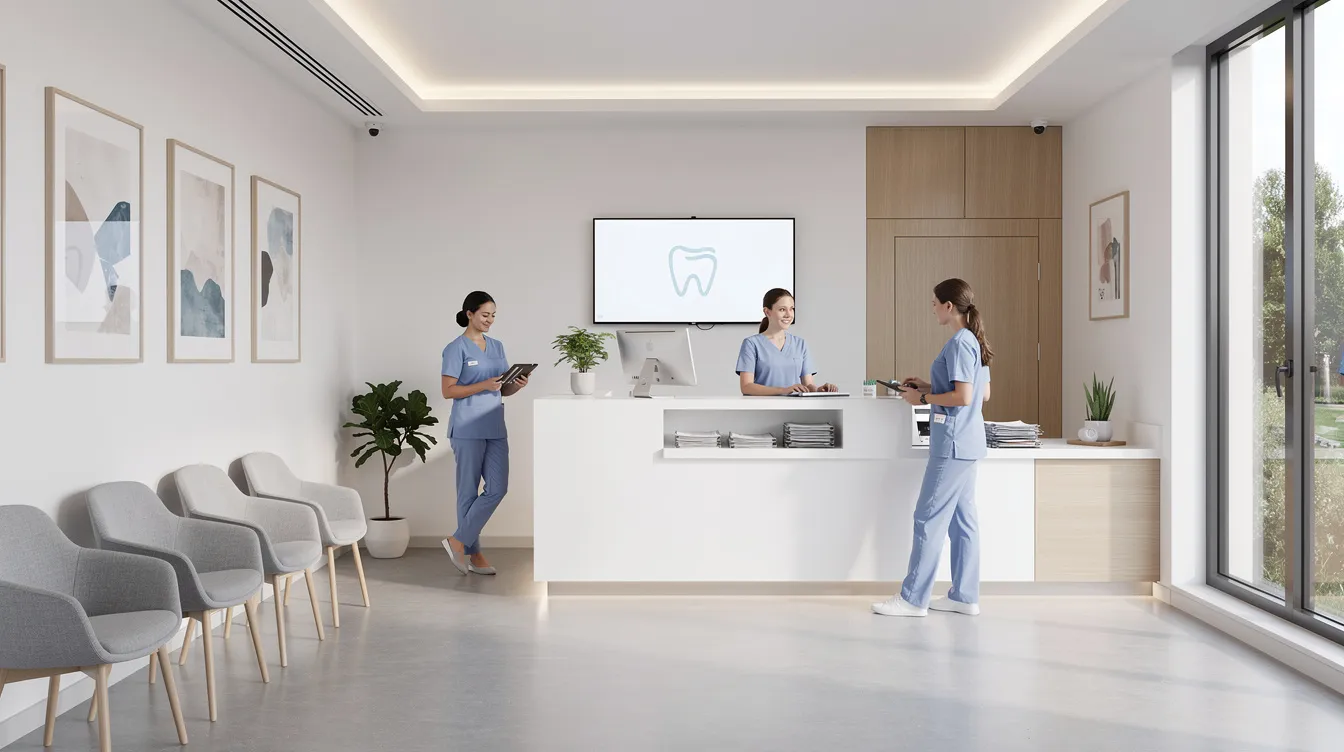 The image depicts a modern dental practice reception area where staff members are actively engaged in the dental billing process, assisting patients and managing insurance claims. The welcoming environment reflects a commitment to patient satisfaction and efficient revenue cycle management in the dental office.