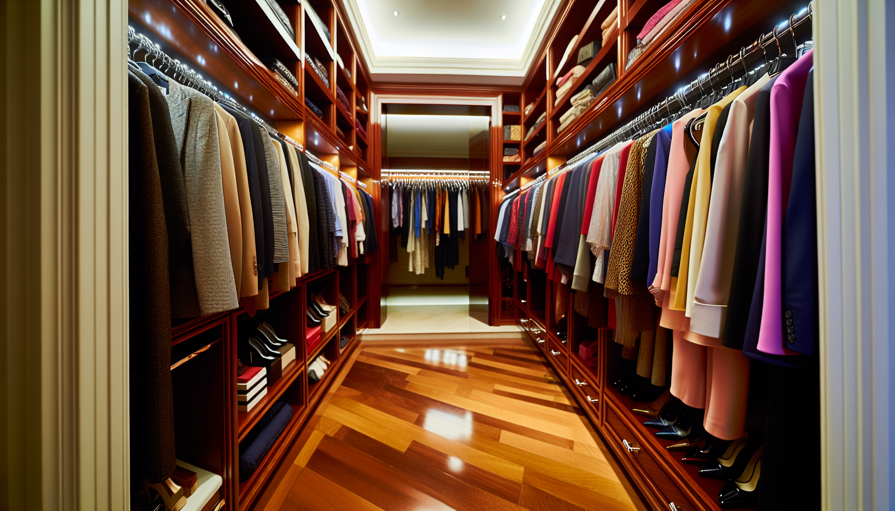 Luxury walk in closet with custom shelving and hanging clothes