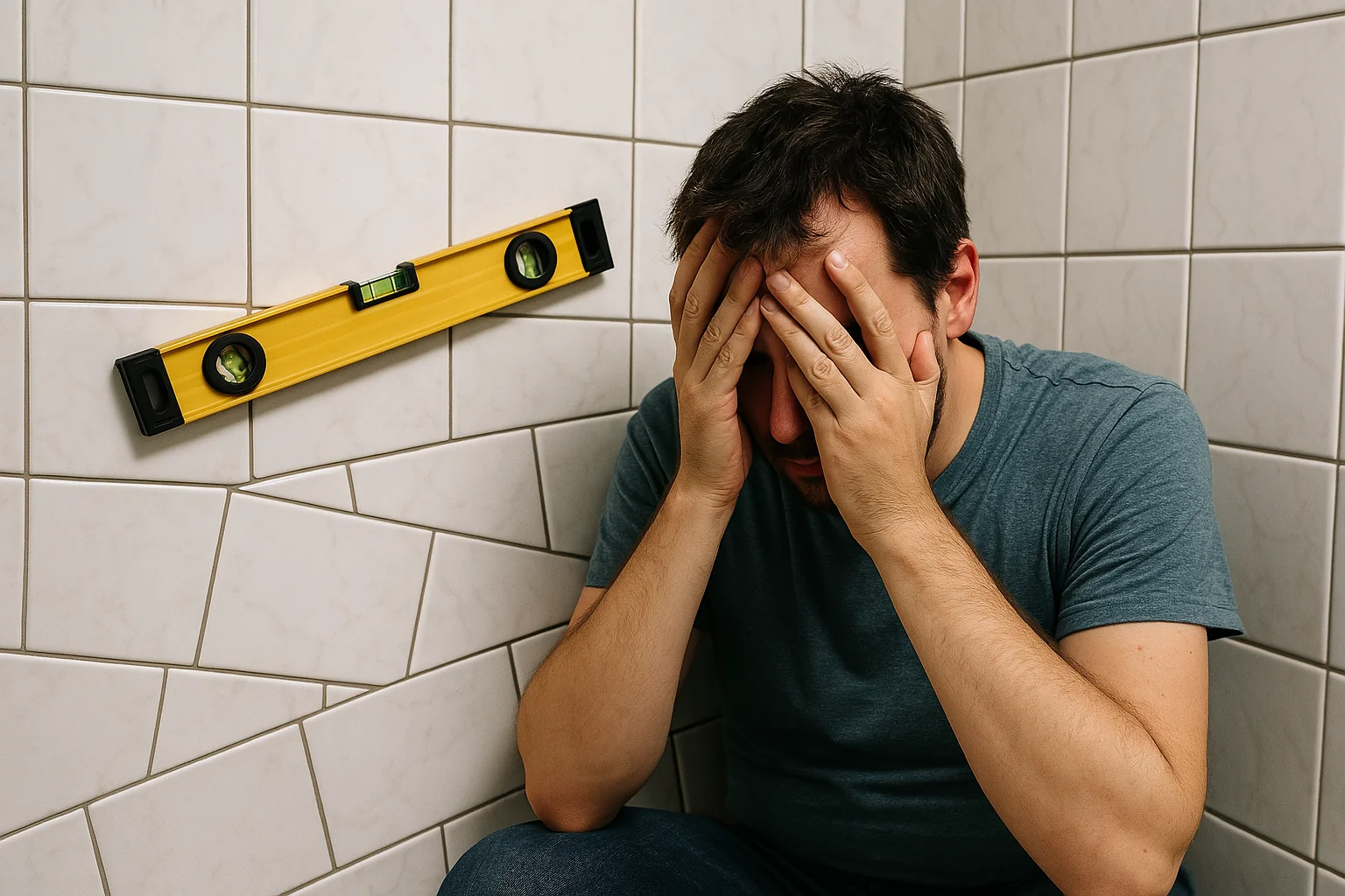 Crooked DIY bathroom tiles with tools scattered and a person watching a tutorial video.