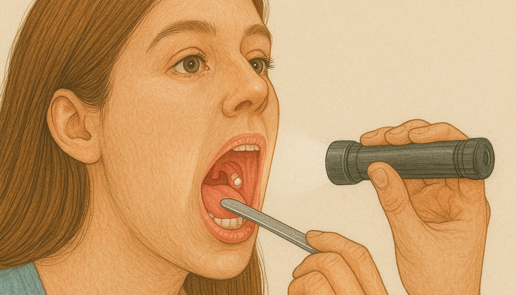  Kvinne undersøker halsen med lommelykt, hvite klumper synlige på mandlene i munnhulen. tonsillolith dårlig ånde oral andre lite