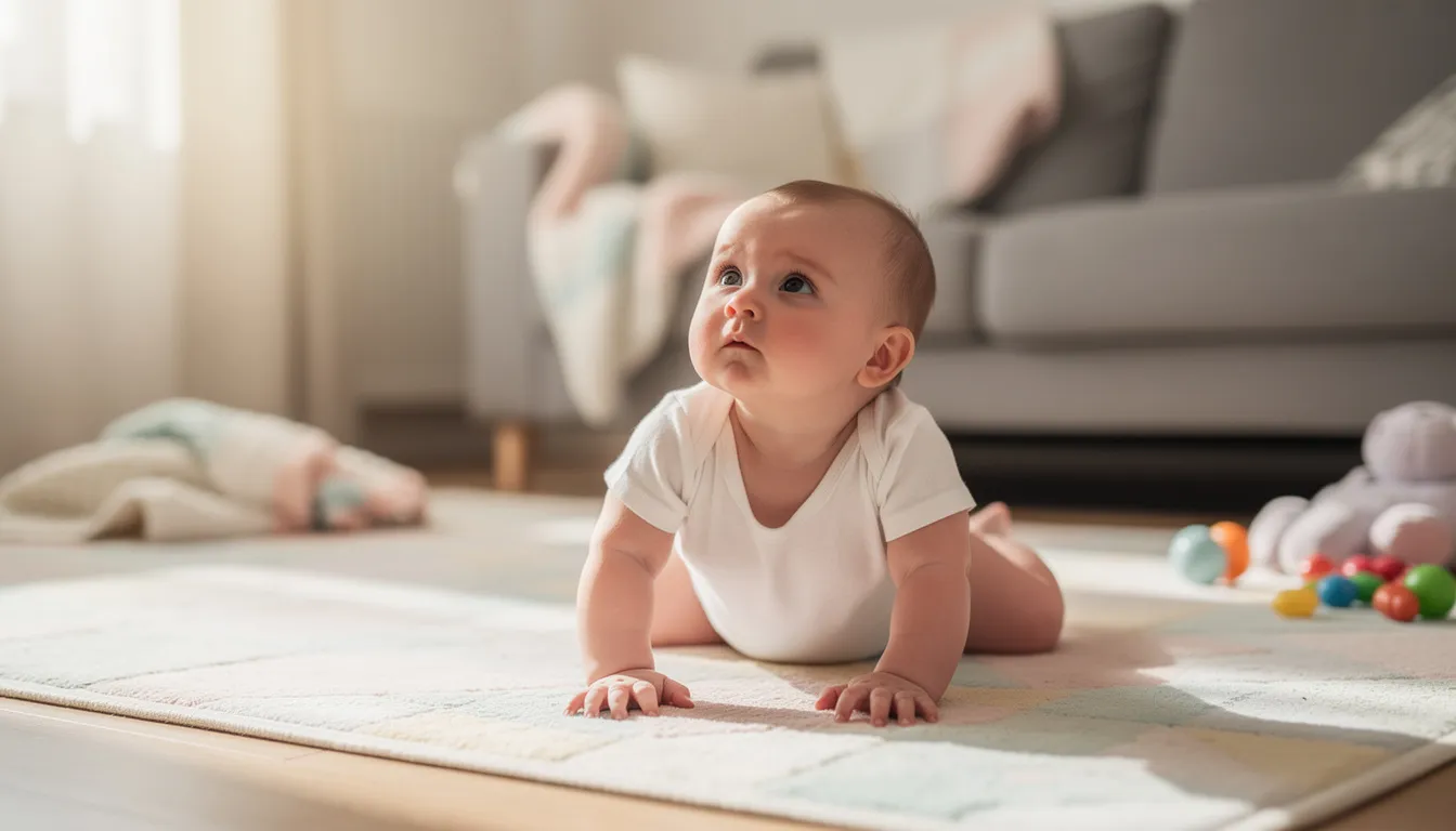 Na obrazku widać niemowlę leżące na brzuszku podczas tummy time, co sprzyja rozwojowi motorycznemu i symetrycznemu ustawianiu główki. Dziecko układa się w pozycji, która może pomóc w zapobieganiu kręczowi szyi i asymetrii ułożeniowej.