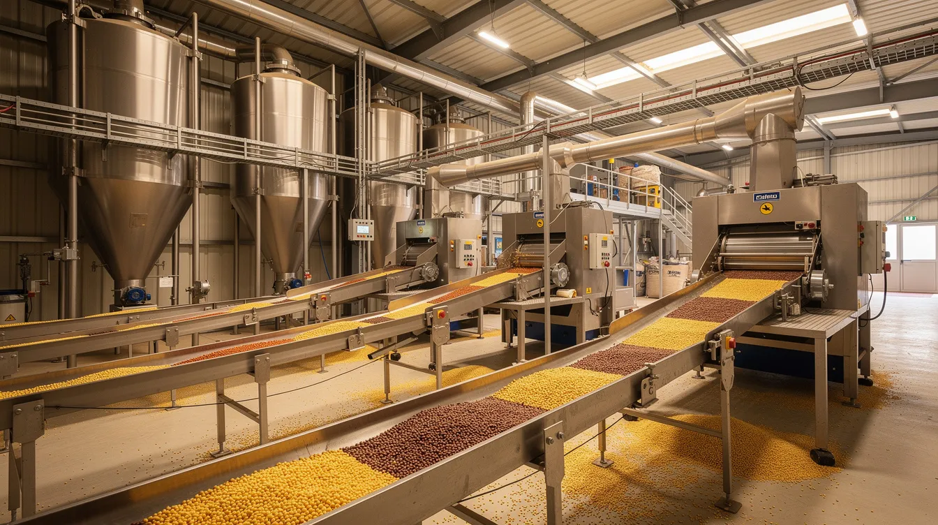 27a377c0 7278 4f5f b245 24435fc5717d The image depicts a modern dal mill factory featuring industrial pulse processing machinery, conveyor belts, and large grain silos, illustrating the advanced dal mill machines used to enhance operational efficiency and meet the rising demand for processed pulses. This setup highlights the importance of maintaining product quality and the role of dal mill businesses in supporting local markets and farmers.