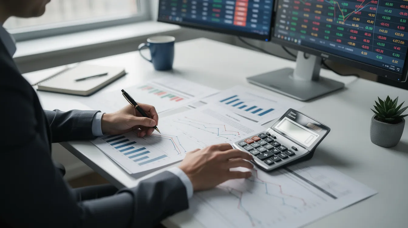 27a5084f 0e3f 4e5a 955f 610d9479106f A financial analyst is seated at a desk, intently reviewing various charts and spreadsheets related to agricultural production, specifically focusing on rice farming systems and crop yields. A calculator is positioned nearby, indicating the analysis of financial data that may impact smallholder farmers and their rice milling business operations.