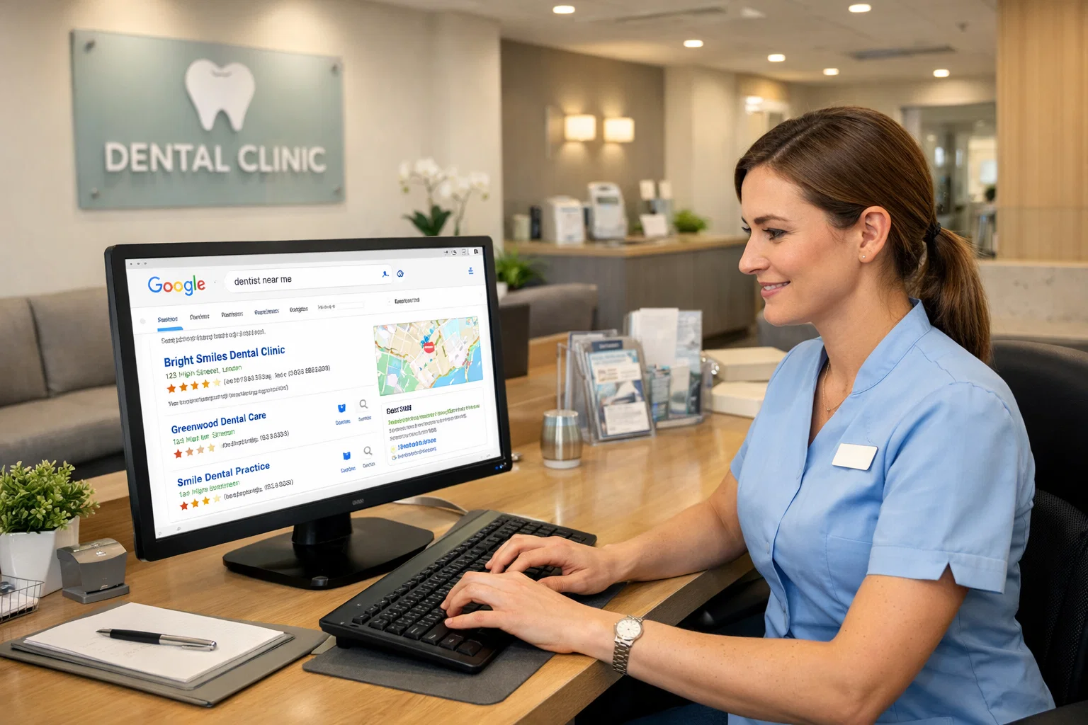 Receptionist at a UK dental clinic working on a computer with Google search results for local dentists on screen, highlighting the role of SEO in patient discovery.