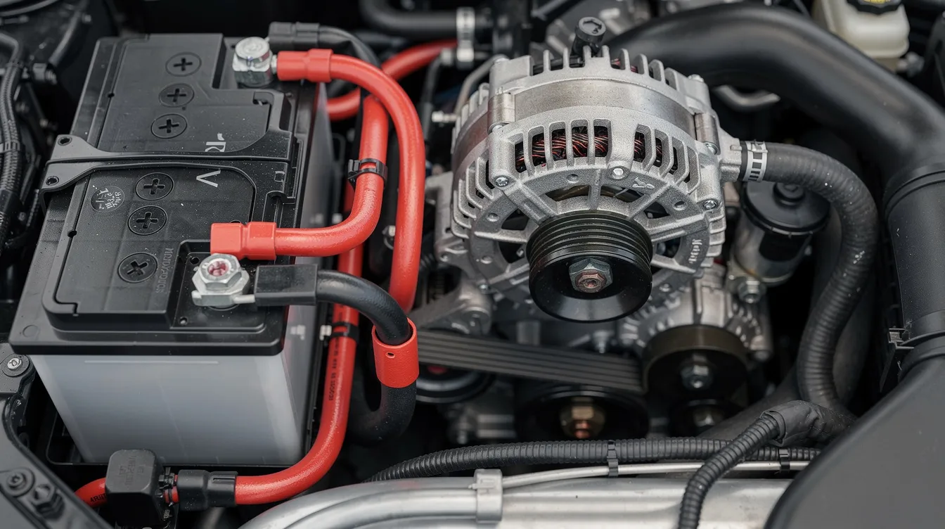 This close-up image shows a car engine bay featuring a high output alternator and a battery connected with thick power cables, highlighting the electrical system that supports the vehicle's audio system and other accessories. The arrangement of the components suggests a focus on performance and reliability, essential for managing the current draw of a car stereo and amplifiers.
