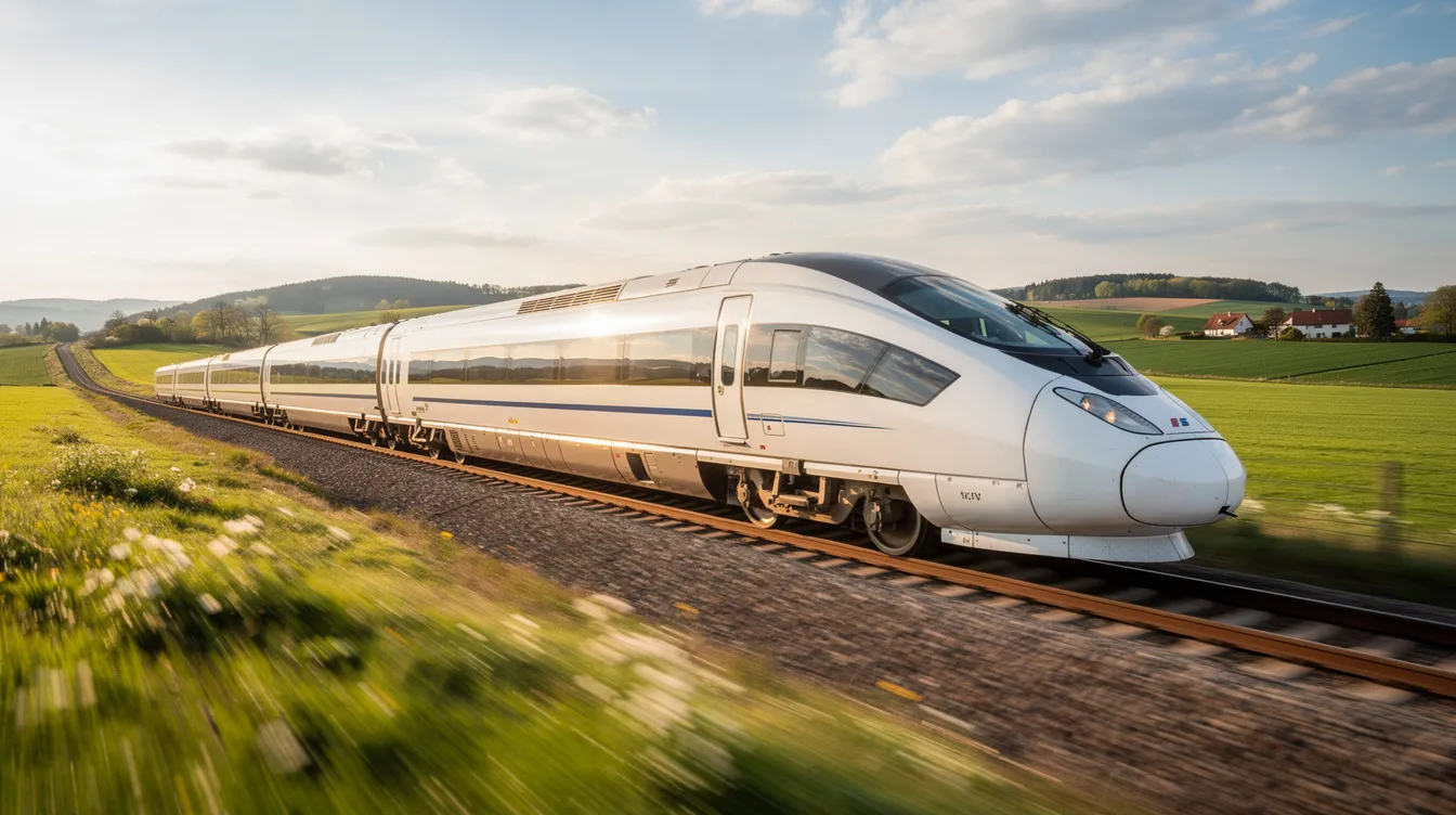 A sleek, modern high-speed train is seen traveling swiftly through a picturesque countryside, surrounded by lush green fields and rolling hills, showcasing the efficiency of public transportation in various countries. This image highlights the importance of safe travel, especially for those planning a trip abroad, where understanding local traffic laws and having proper documentation, such as an international driving permit, can enhance the travel experience.