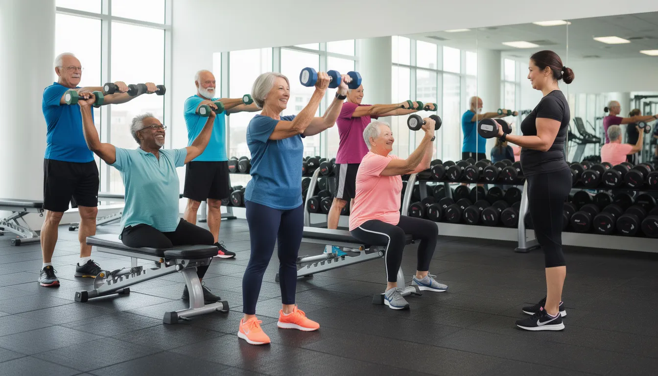 The image depicts older adults engaged in resistance training exercises using dumbbells in a gym setting, promoting healthy aging and muscle mass maintenance. This activity supports their overall health and wellness, emphasizing the importance of physical fitness in combating age-related muscle loss and maintaining bone health.