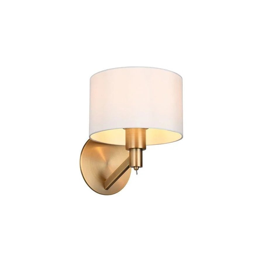 Elegant brass wall sconce with a cylindrical white fabric shade, ideal for adding a warm, welcoming atmosphere to any room.