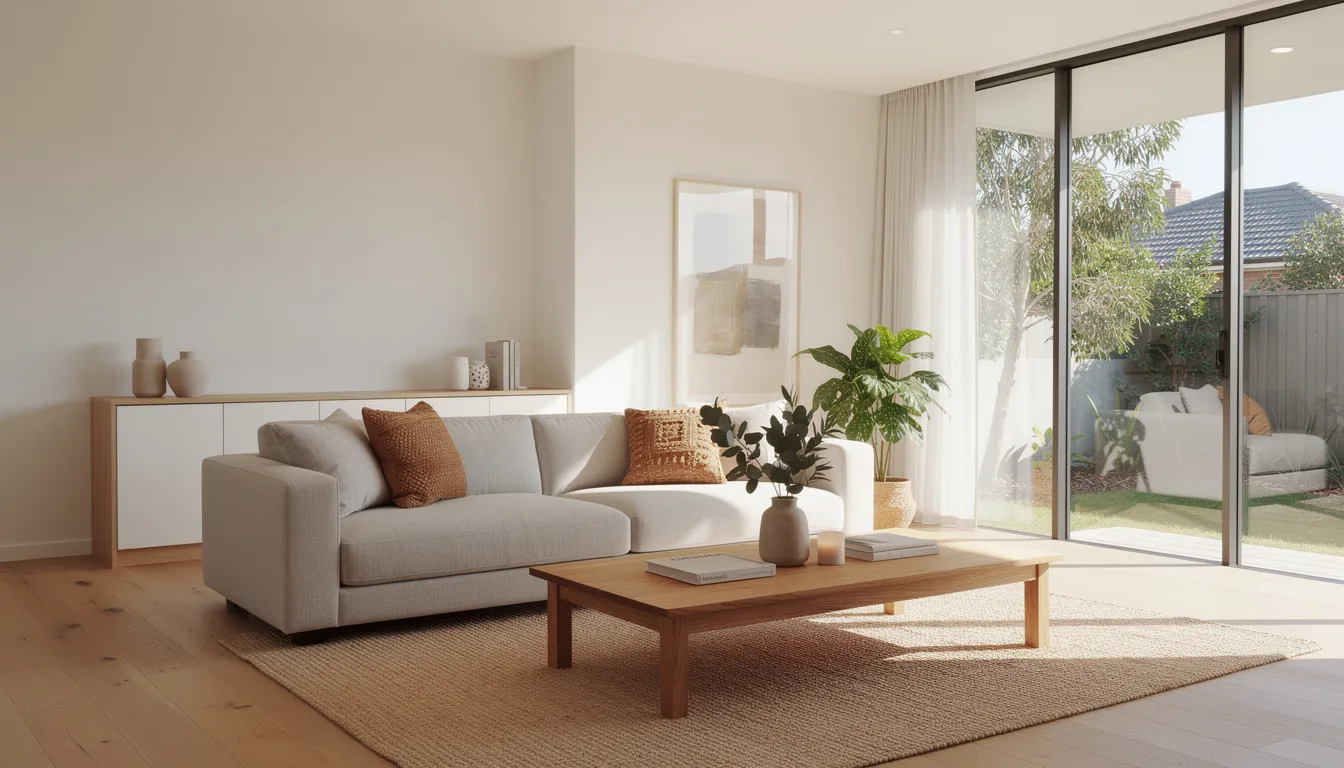 The image depicts a modern Australian living room featuring a neutral sofa, a timber coffee table, and large windows that allow natural light to flood the space. This inviting living space showcases a harmonious colour palette and thoughtfully arranged living room furniture, creating a cohesive look that balances comfort and style.