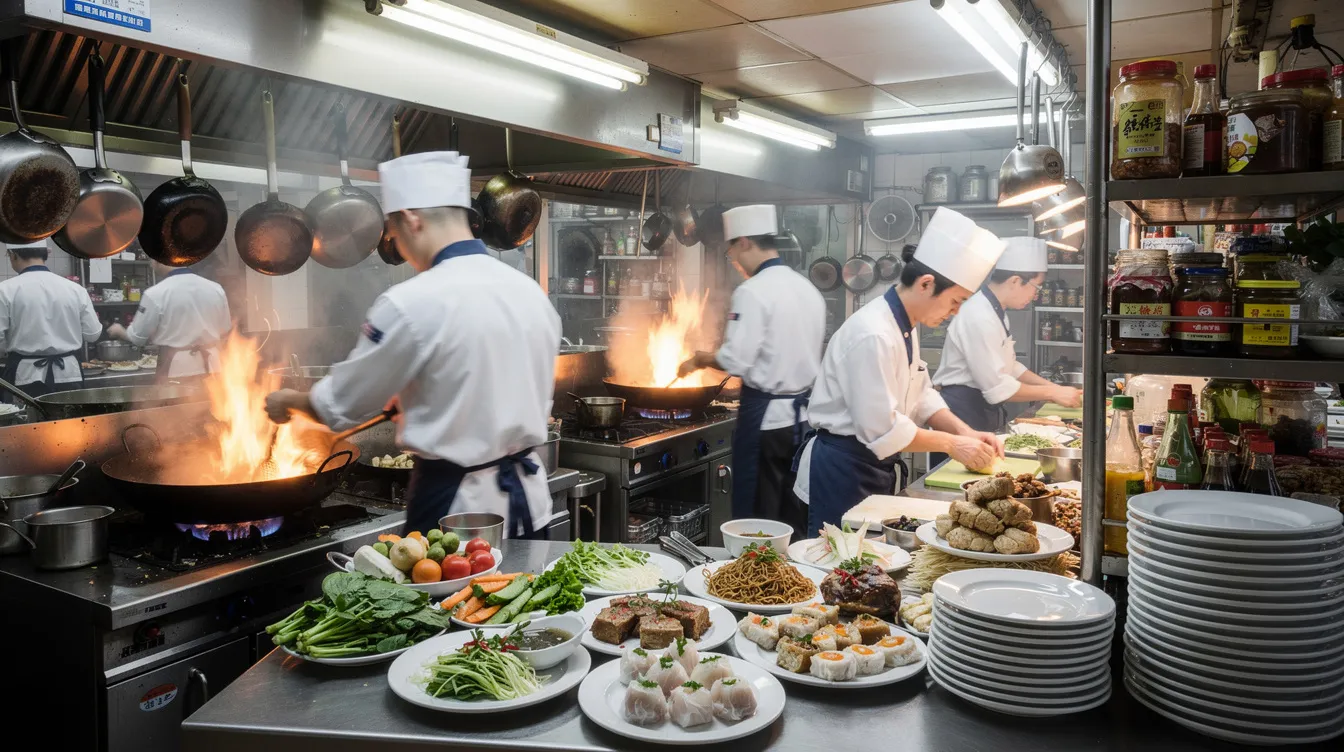 The image depicts a bustling restaurant kitchen in Hong Kong, where chefs are intensely preparing various dishes during the busy rush hour, showcasing a dynamic environment filled with energy and teamwork. The scene highlights the fast-paced nature of food preparation, essential for catering to the demands of a thriving culinary business.