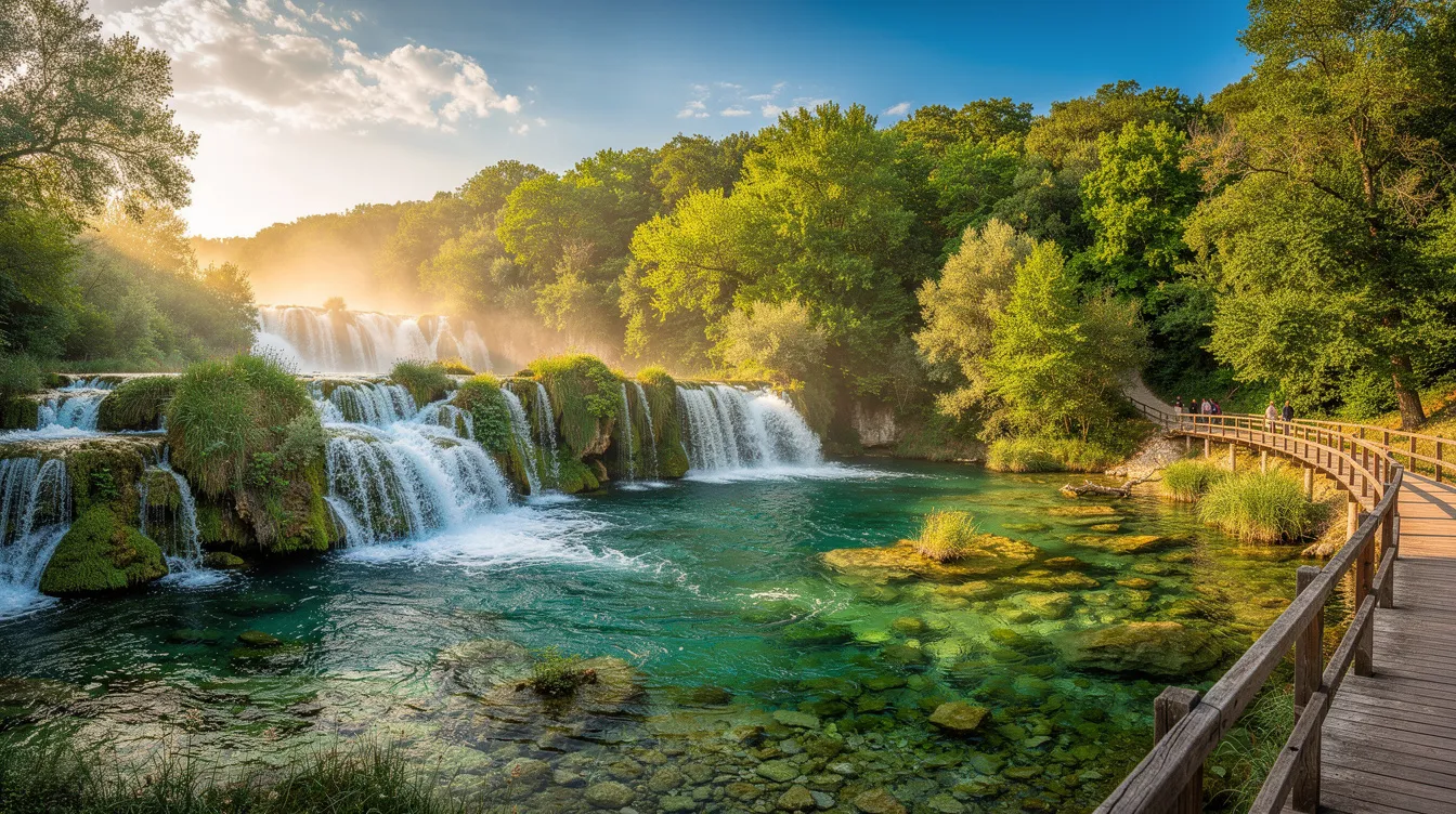 A imagem mostra uma das deslumbrantes cachoeiras do Parque Nacional de Krka, na Croácia, com águas cristalinas do rio Krka caindo em camadas sobre rochas cercadas por vegetação exuberante. Este lugar é um ponto de interesse popular, perfeito para visitantes que buscam experiências em meio à natureza e belezas naturais.