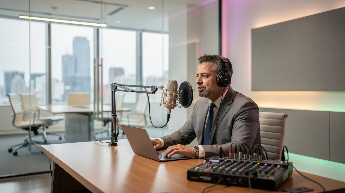 The image depicts a professional podcast studio featuring a high-quality microphone and headphones, with an executive seated at a modern recording desk, emphasizing the production quality essential for creating world-class podcasts. This setting highlights the importance of a well-equipped environment for successful podcast production and engaging conversations.