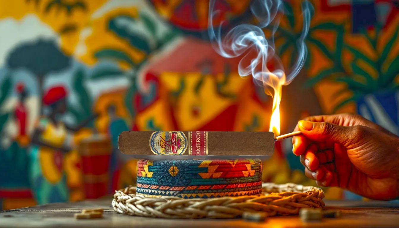 A Karen Berger Cameroon Toro cigar being lit, producing aromatic smoke.