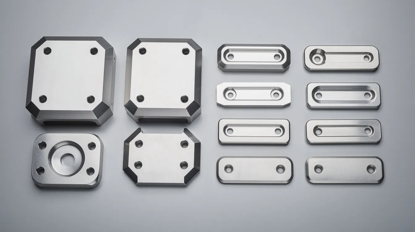 The image features precision-machined metal components, including aluminum housings and stainless steel brackets, meticulously arranged on an inspection table, showcasing the high accuracy and quality typical of the CNC machining industry. This setting highlights the advanced engineering and manufacturing processes used in producing complex parts with tight tolerances.