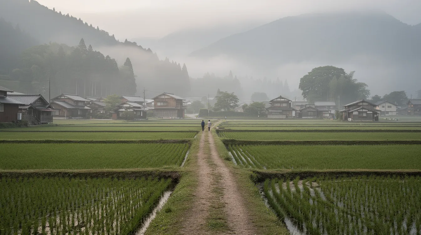 Die weite Landschaft zeigt ein ruhiges japanisches Dorf mit Reisfeldern, umgeben von nebelverhangenen Bergen. Im Vordergrund sind kleine Figuren auf einem Weg zu sehen, die eine friedliche Atmosphäre ausstrahlen, die an die klassischen Samurai-Filme von Akira Kurosawa erinnert.