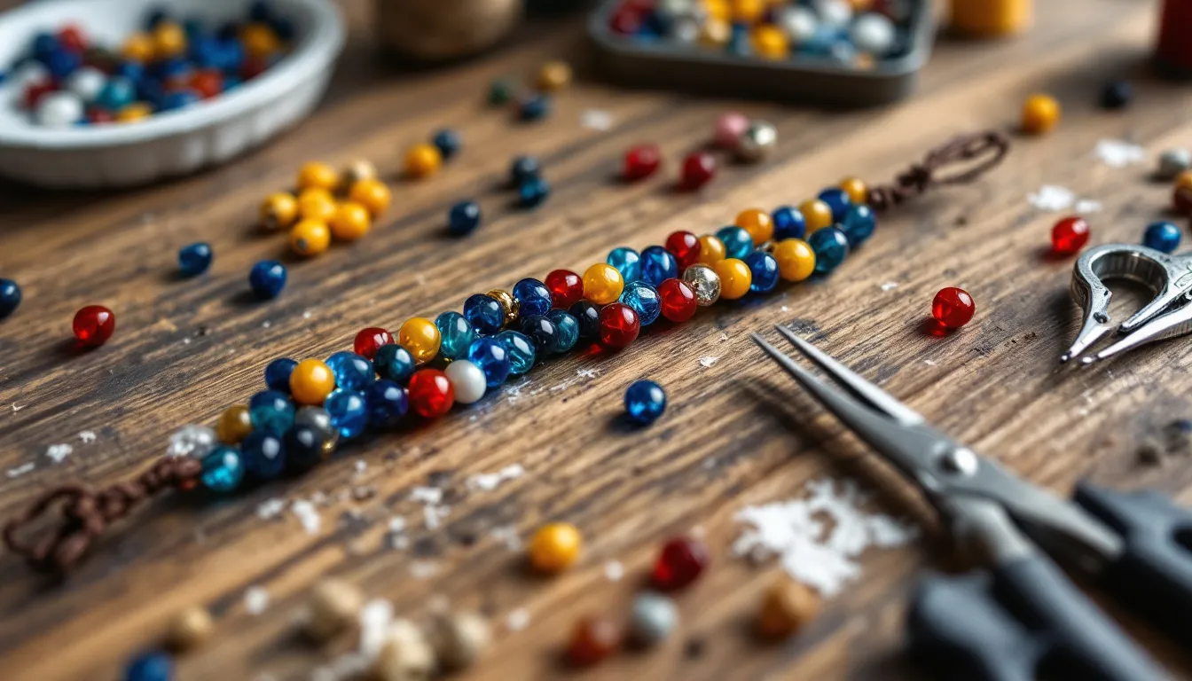 The image showcases a vibrant array of handmade clay bead bracelets, featuring various colors and shapes that highlight unique beading patterns. Surrounding the bracelets are supplies such as seed beads and tools, emphasizing the art of making clay bead bracelets and inspiring creative designs for beaded jewelry.