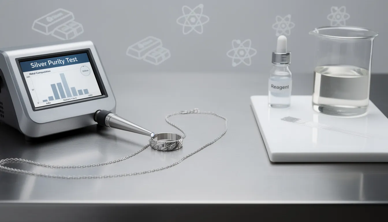 The image depicts a jeweler using X-ray testing equipment to assess the purity of silver jewelry, highlighting different types of silver such as sterling silver and fine silver. The jeweler is focused on determining the silver quality to ensure the authenticity and value of the pieces being tested.