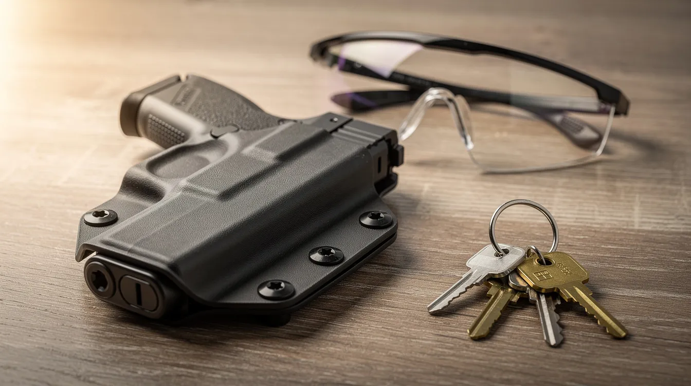 The image features a holstered handgun resting on a table next to a set of keys and a pair of safety glasses, highlighting the importance of gun safety support fund and responsible handling of concealed firearms. This scene emphasizes the necessity for proper concealed carry permitting requirements and awareness of state and federal gun laws.