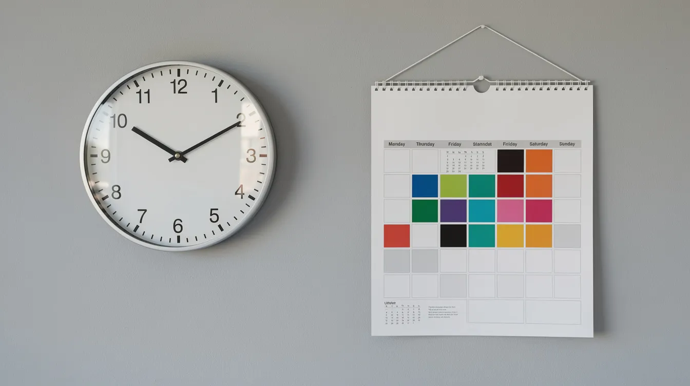 27bfc288 6d1a 4a5e 9d79 a59c9a3214c3 The image features a wall clock positioned beside a calendar, where the weekdays are highlighted. This setup may symbolize the importance of time management in financial planning, such as for individuals availing loans under the Mudra scheme for their micro enterprises.