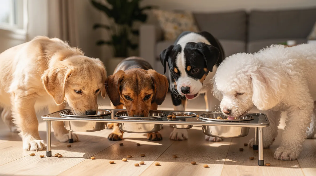 A group of playful puppies from various breeds is happily sharing a feeding station, enjoying their meals of high-quality dog food. This scene highlights the importance of balanced nutrition for dogs of different life stages, promoting their health and well-being.