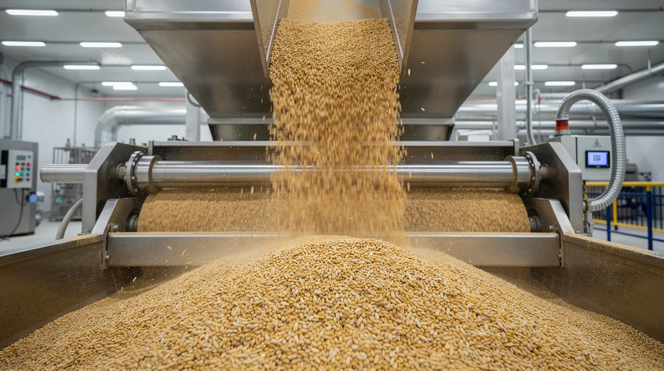 The image shows wheat grains being poured into large industrial milling equipment within a flour processing facility, highlighting the machinery used in a flour mill project. This scene emphasizes the production process essential for creating wheat flour, a key raw material in the flour mill business.