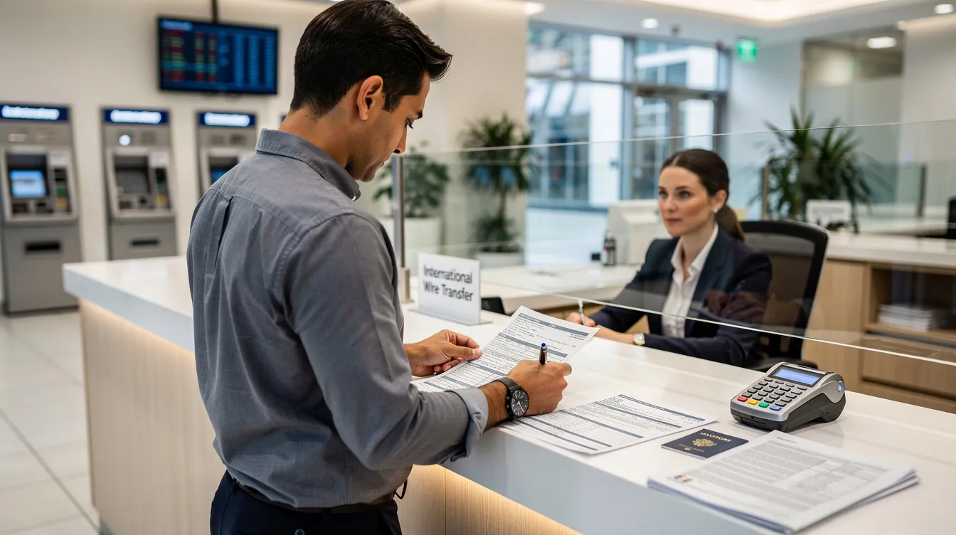 The image shows a person standing at a bank counter, diligently filling out paperwork for an international money transfer. This scene represents the process of sending money through an IDBI Bank account, highlighting the importance of providing the correct details for secure and efficient international transactions.