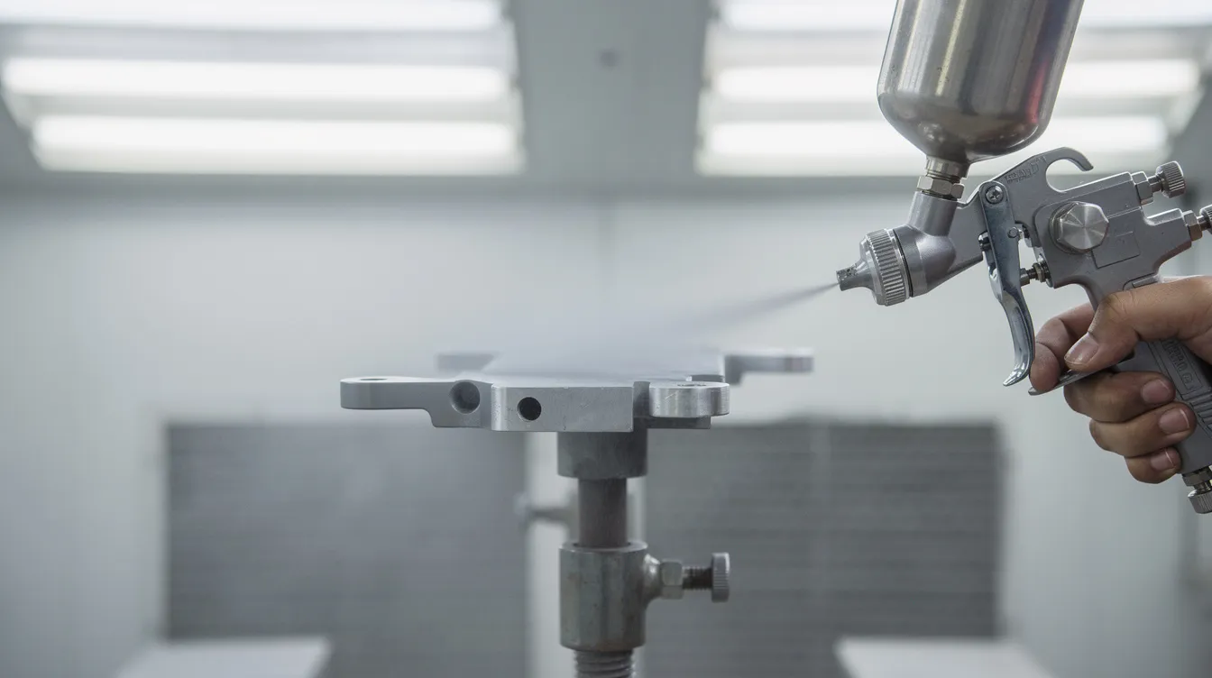 A spray gun is applying a thin coat of gray primer onto a small aluminum bracket in a well-lit spray booth, showcasing the process of painting aluminum surfaces. The primer, likely a self-etching type, prepares the raw aluminum for better adhesion of future top coats.