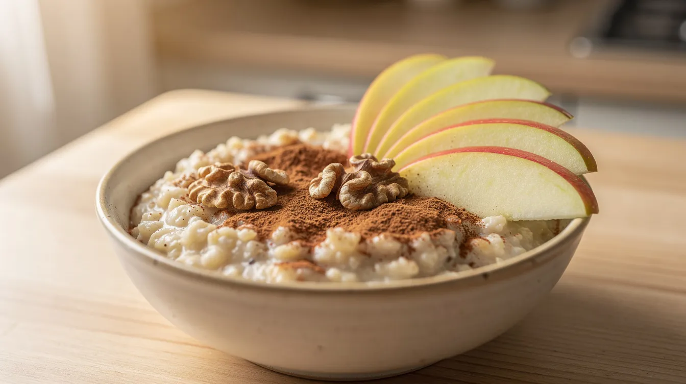 Un bol de porridge chaud est garni de tranches de pomme croquantes, de cannelle parfumée et de noix croquantes, posé sur un comptoir de cuisine en bois. Ce petit-déjeuner nutritif, riche en bien-être, est une excellente alternative pour réduire la consommation excessive de sucre tout en offrant un plaisir savoureux.