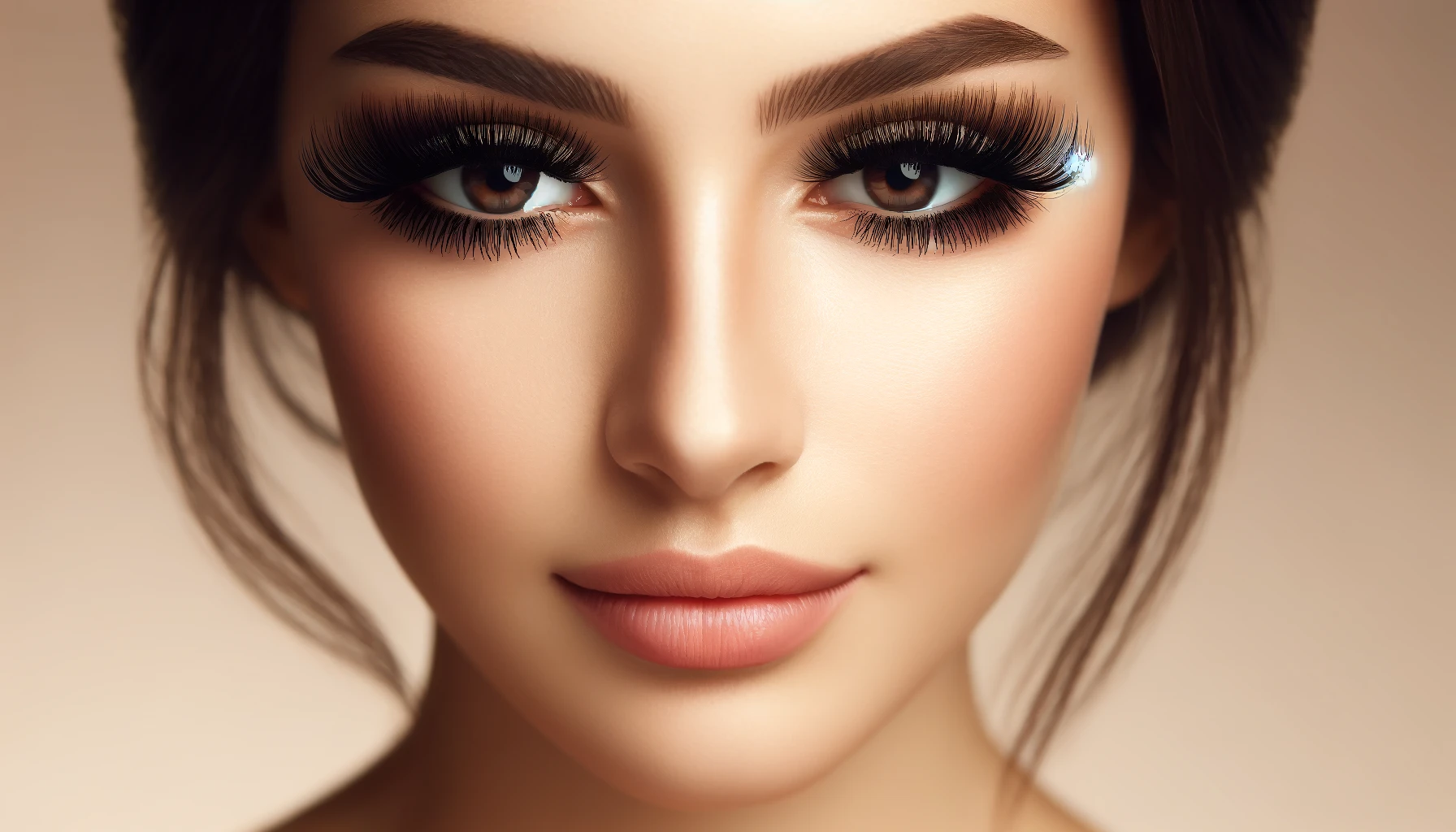 A horizontal close-up image of a woman with fake lashes. The focus is on her eyes and the well-applied fake lashes, which are long, voluminous, and perfectly styled.