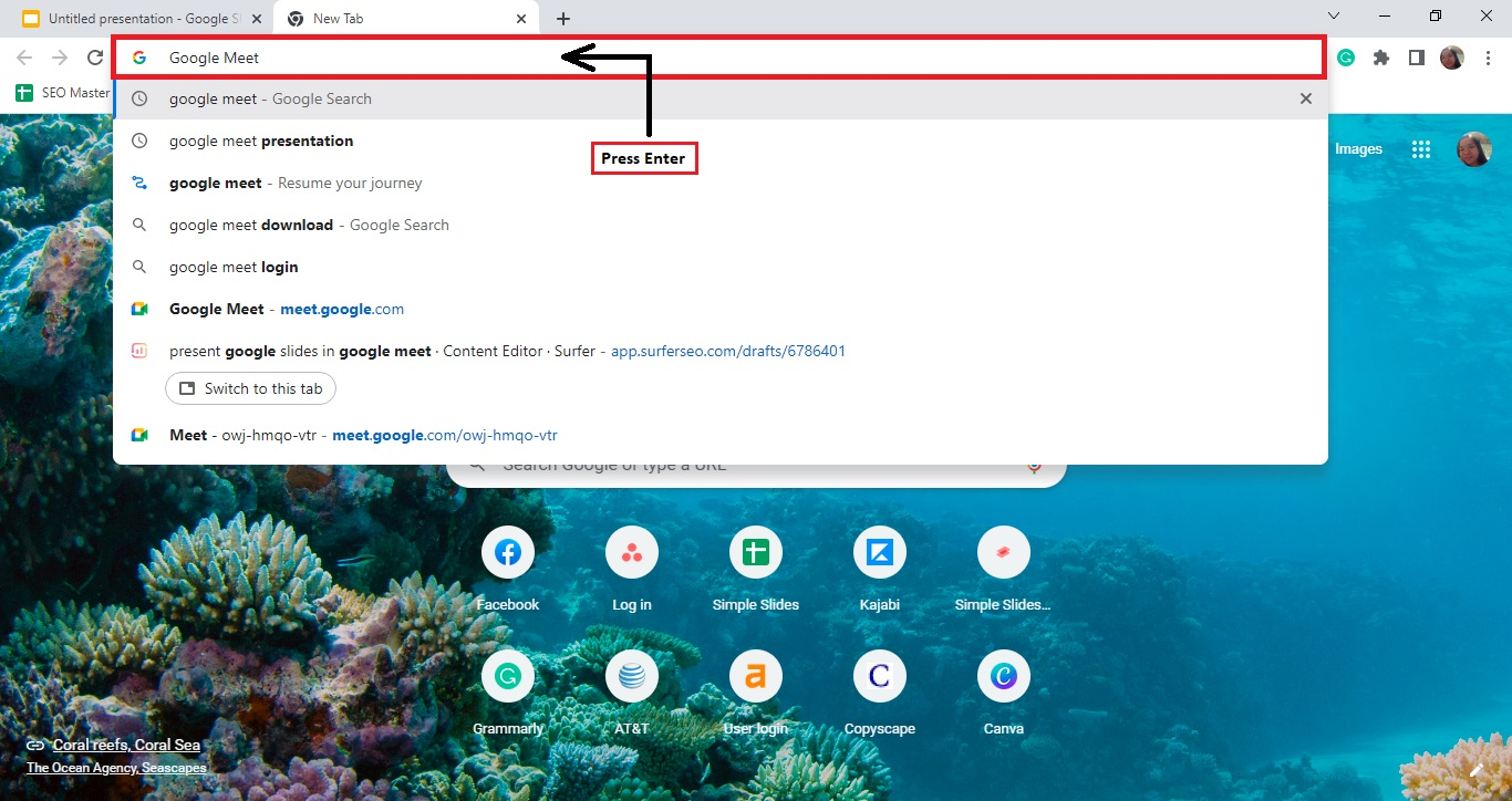 Open a new chrome tab on your window and type "Google Meet" on the search bar.