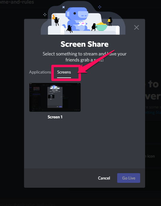 Screenshot showing the Screens option on Discord