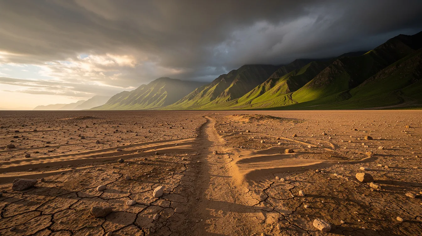 The image depicts a barren desert landscape with a narrow path winding toward distant green mountains, all under a dramatic sky filled with clouds. This scene evokes a sense of journey and hope, reminiscent of the gospel truth and the promise of eternal life through faith.