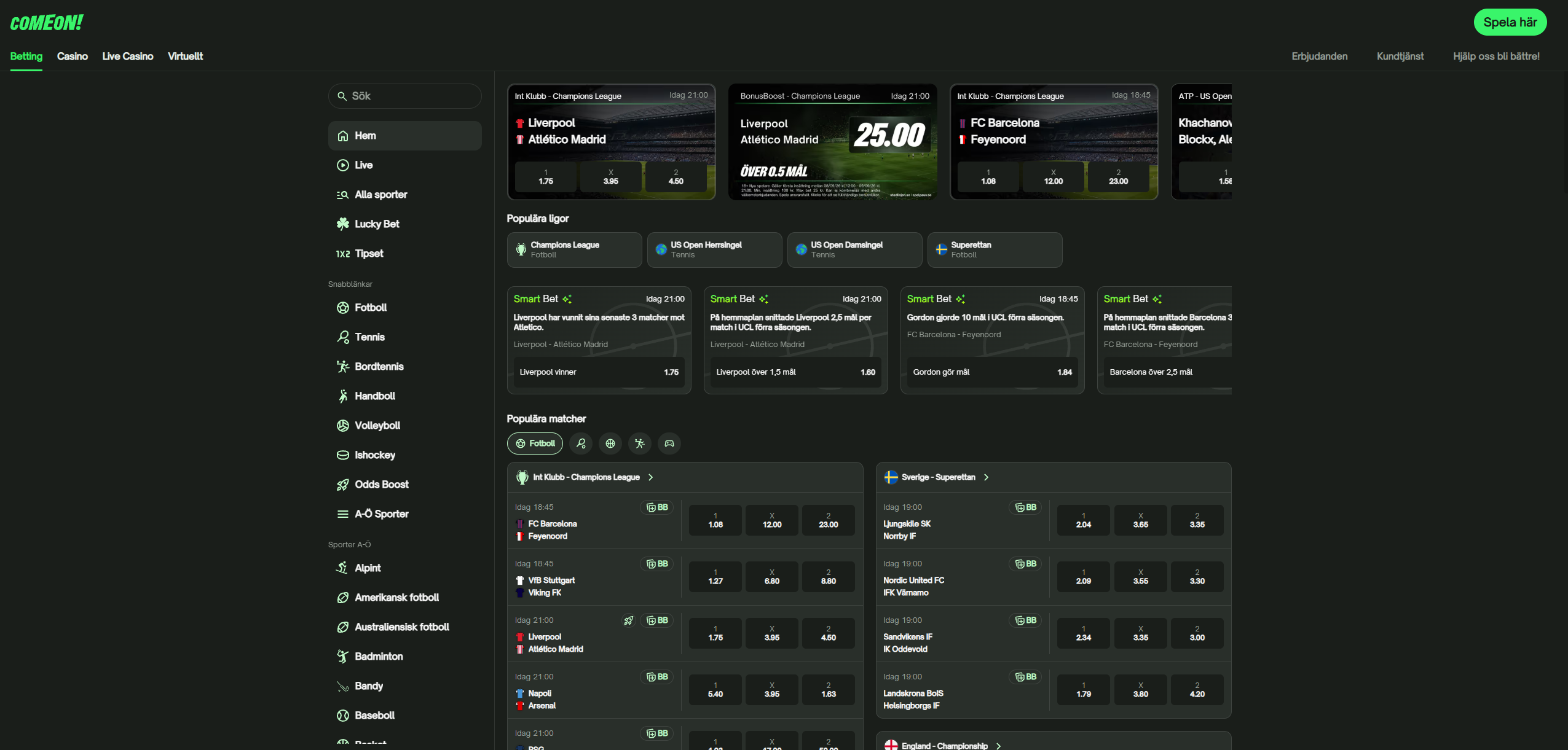 ComeOns bettingsida med populära matcher, ligor och aktuella odds.