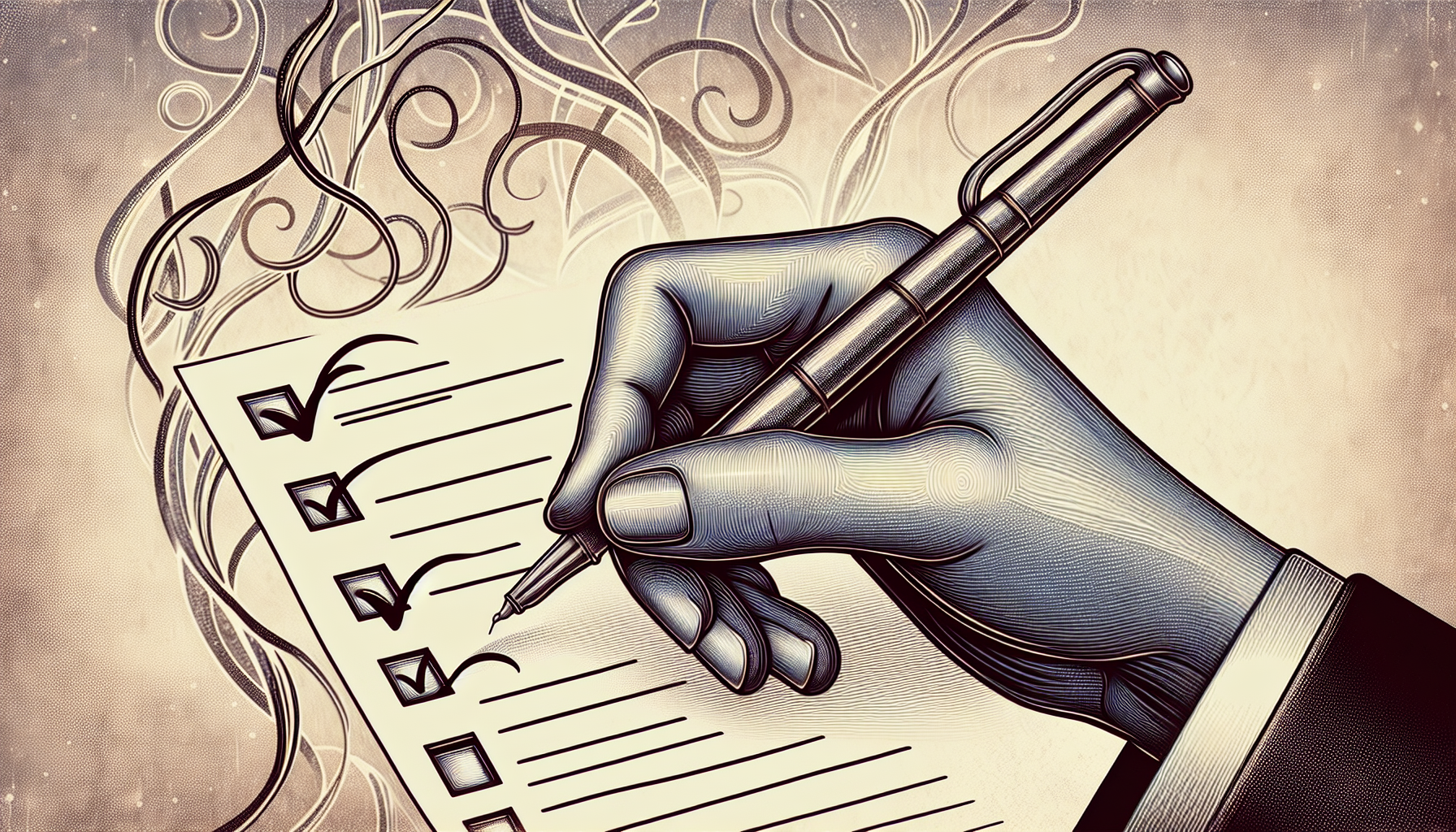 Illustration of a hand holding a pen and marking checkboxes on a yes/no/maybe list