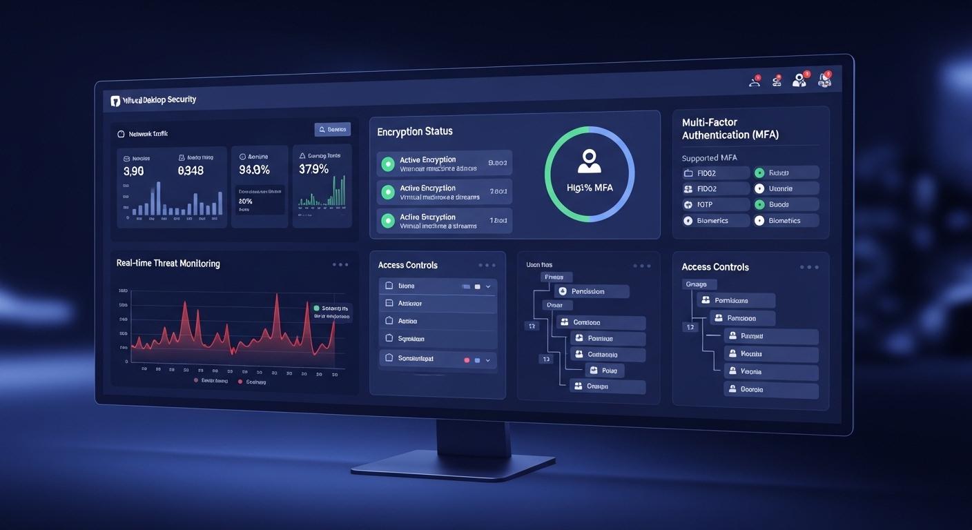 Modern virtual desktop security dashboard displaying encryption, multi-factor authentication, access controls, and real-time threat monitoring