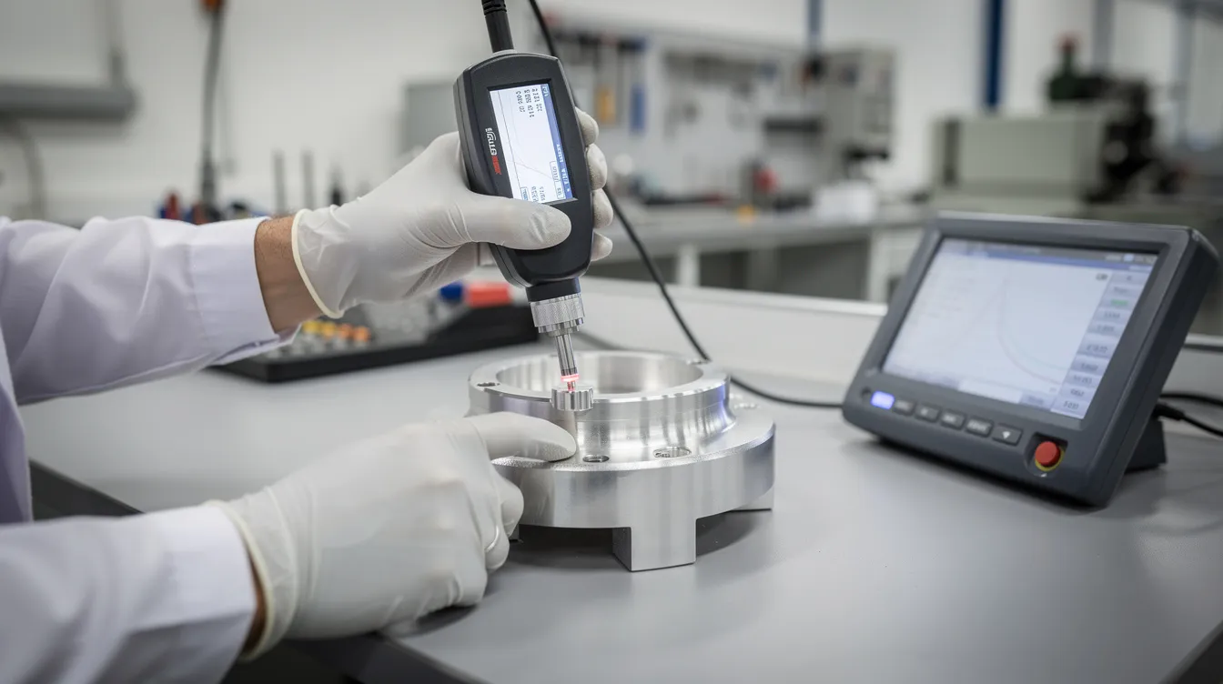 A technician is using a handheld surface roughness profilometer to measure the surface roughness of a polished metal component. The device evaluates the peaks and valleys of the surface texture, providing important roughness parameters that are crucial for determining the desired surface finish in various manufacturing processes.