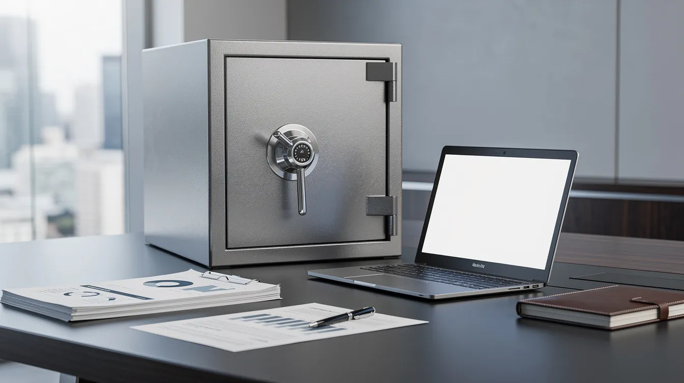 The image shows a locked office safe on a professional desk, surrounded by business documents and a laptop, symbolizing the protection of valuable trade secrets and confidential information. This setting highlights the importance of trade secret litigation and the safeguarding of proprietary business assets.