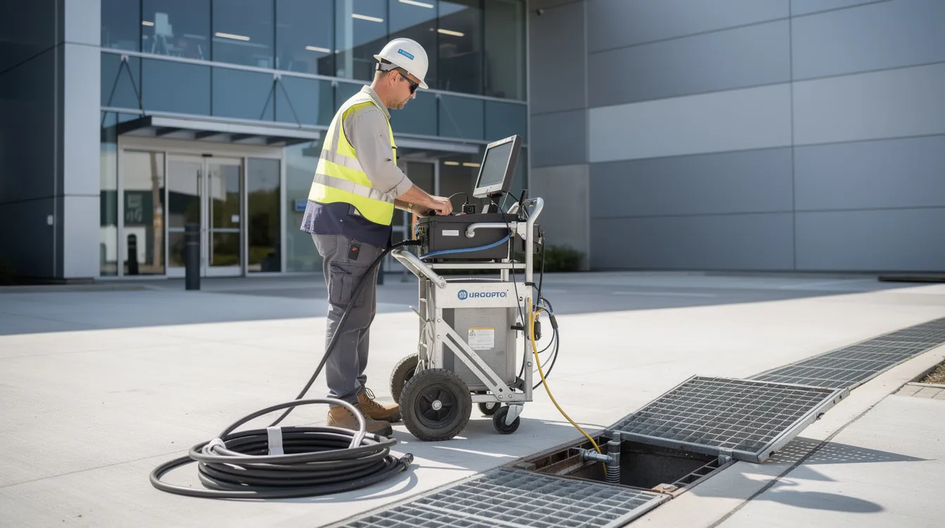 An engineer is operating specialized drainage equipment outside a commercial building, likely conducting a CCTV drain survey to assess the underground drainage system for any issues such as slow drainage or blocked drains. This professional inspection aims to identify potential problems and ensure the integrity of the drainage infrastructure, which is crucial for preventing costly repairs in the future.