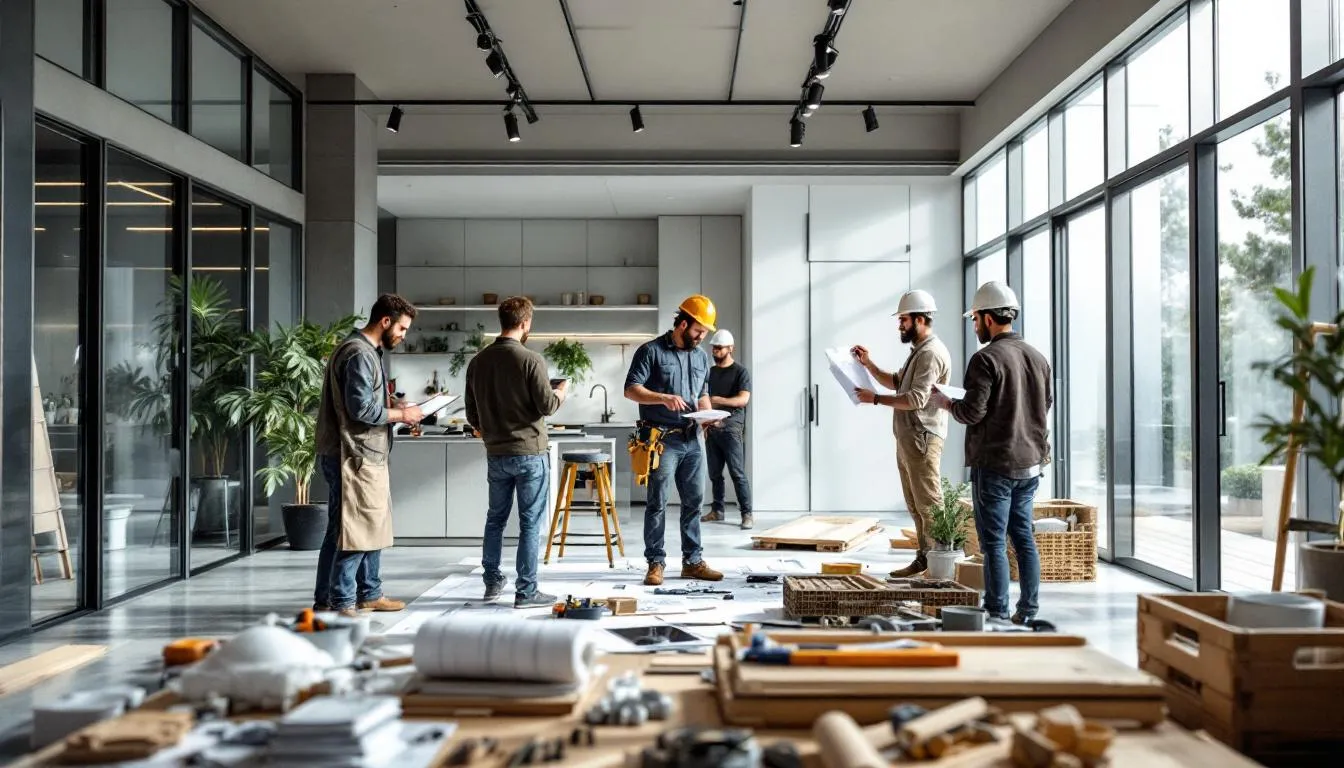 A collaborative team of builders and designers working on a project.