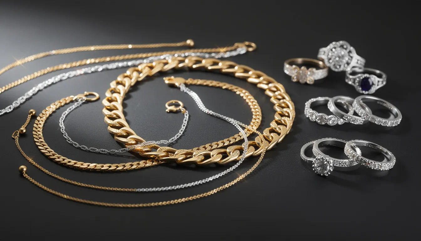 The image showcases an elegant display of gold and silver jewelry pieces, including chains, bracelets, and rings, set against a dark background. This collection highlights the beauty of both yellow gold and silver jewelry, reflecting current jewelry trends and the timeless appeal of precious metals.