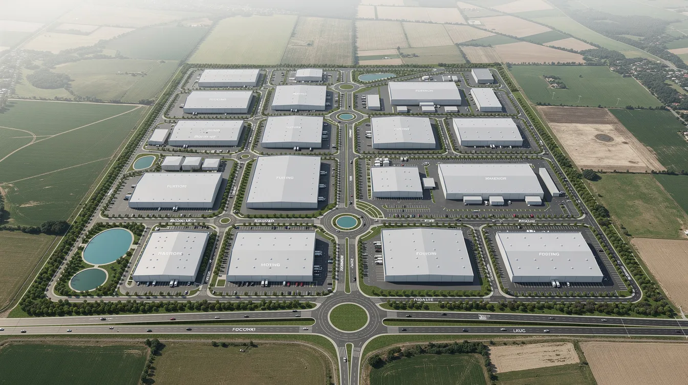 27d29082 5f32 4a28 b8e5 aec943693979 An aerial view of a large industrial zone showcases designated plots for factories, well-organized roads, and green buffer zones surrounding the perimeter, highlighting the potential for ethanol plants and sustainable practices in accordance with environmental regulations. This layout emphasizes the importance of project planning for ethanol production and the entire process of establishing facilities that comply with government approvals and environmental standards.