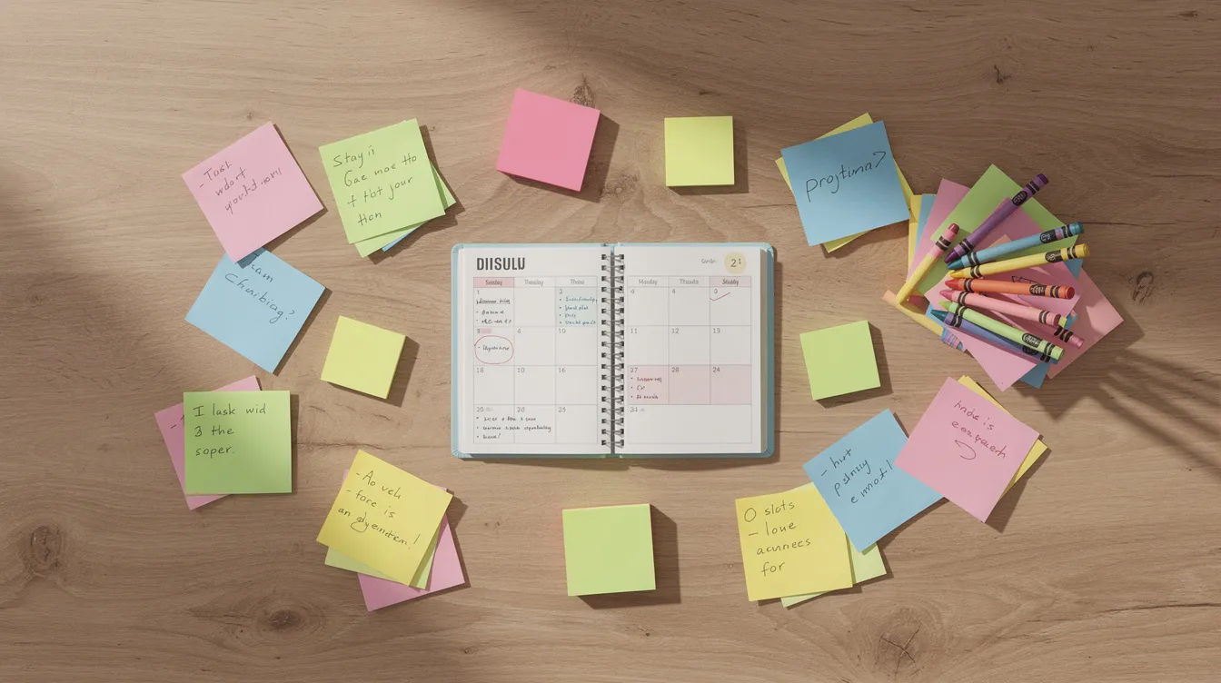 The image shows a vibrant arrangement of colorful flashcards, sticky notes, and a small planner on a wooden desk, accompanied by crayons. This setup reflects engaging study materials that can help children with working memory difficulties by providing visual aids and breaking tasks into manageable chunks for better learning and recall.