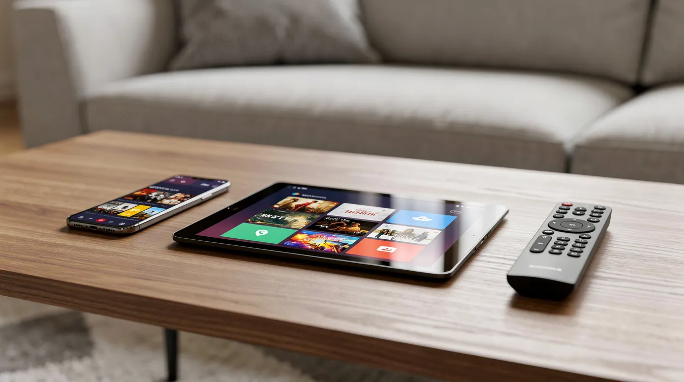 The image shows a coffee table with multiple streaming devices, including a tablet, smartphone, and TV remote, highlighting the convenience of multi-device IPTV streaming for enjoying live TV and on-demand content. This setup represents the modern way to access entertainment through reliable IPTV services.