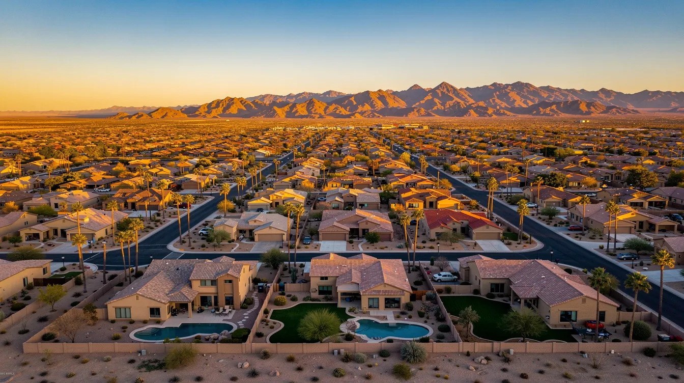 The image depicts a wide aerial view of the suburbs of Phoenix, Arizona, with residential areas stretching toward desert mountains during the golden hour, casting a warm glow over the landscape. This serene scene highlights the beauty of the region, perfect for those seeking reliable plumbing services in their homes amidst such picturesque surroundings.
