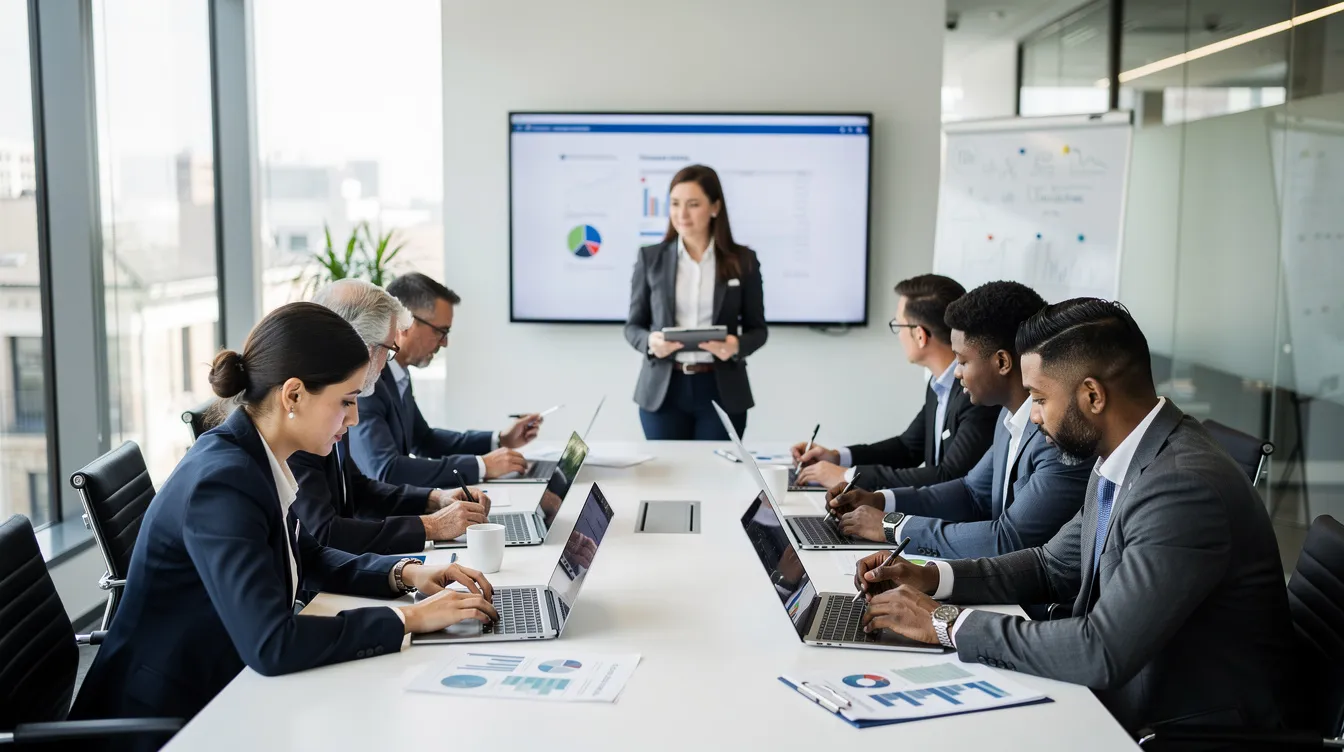 The image shows a diverse group of professionals engaged in a collaborative study session in a training environment, focusing on cybersecurity concepts such as risk management and incident response. They are likely preparing for entry-level cybersecurity certifications, enhancing their knowledge in areas like network security and vulnerability management.
