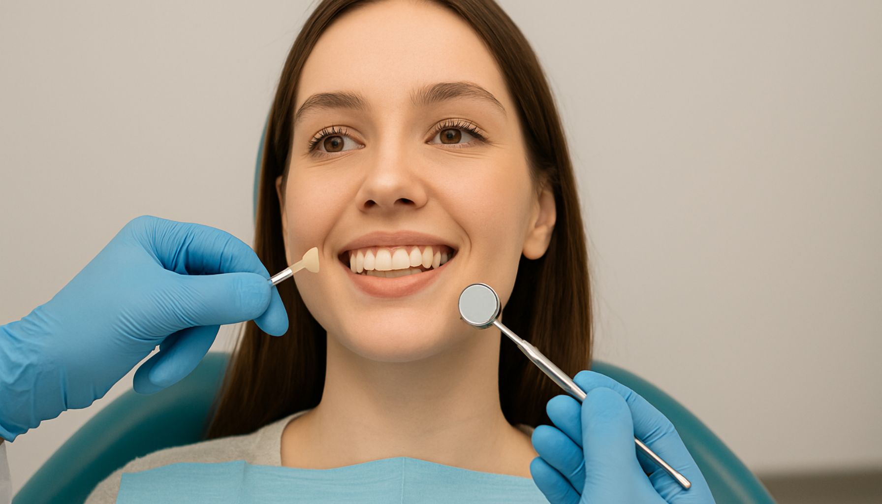 Tannlege sammenligner tannfarge med nyanseprøve for estetisk behandling.